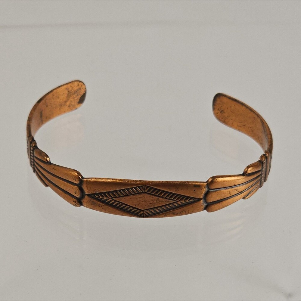 Vintage 1970s Solid Copper Southwestern Geometric Cuff Bracelet Tribal Style